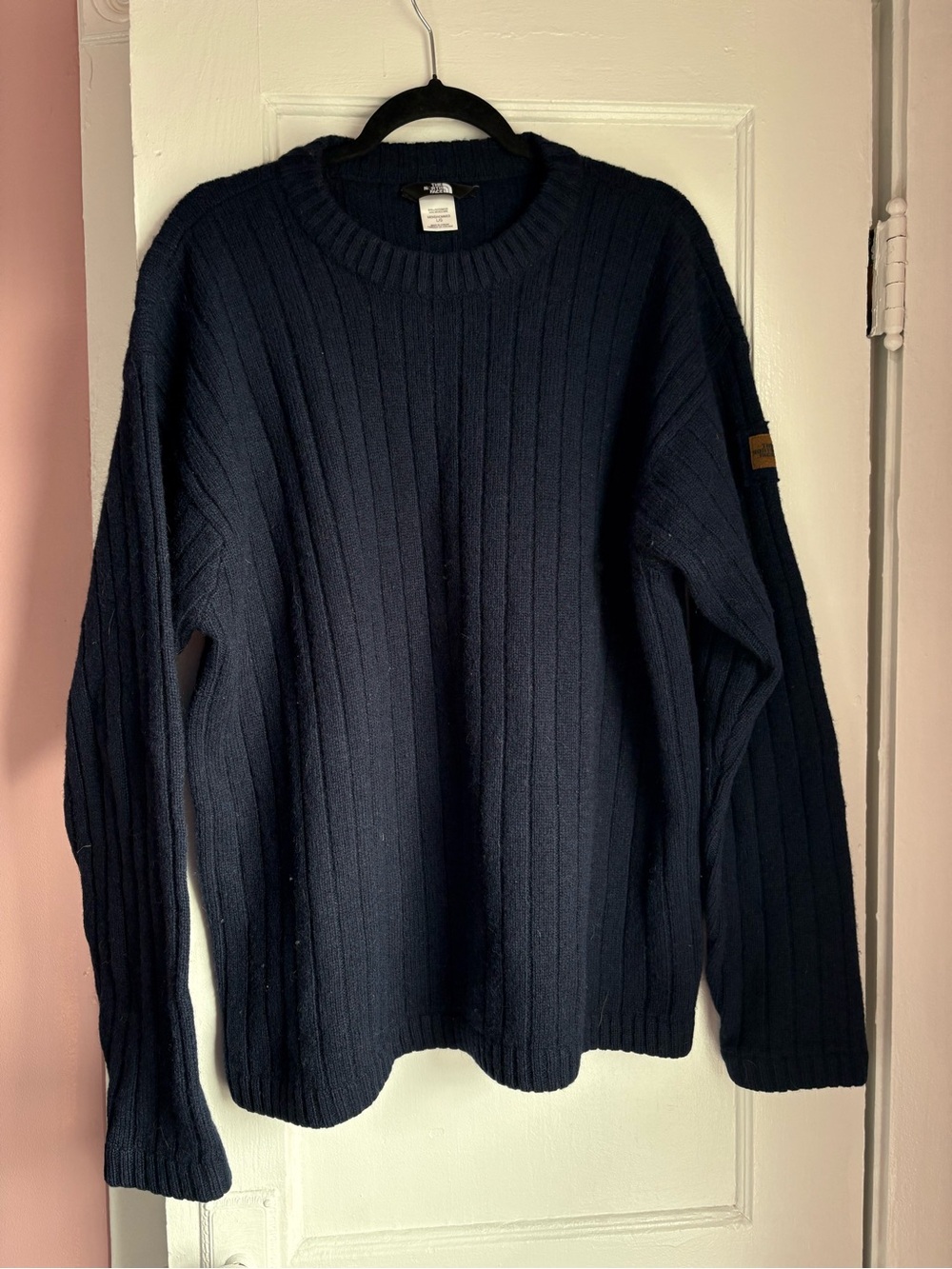 The North Face Mens Navy Wool Sweater Logo Patch L Ribbed Pullover